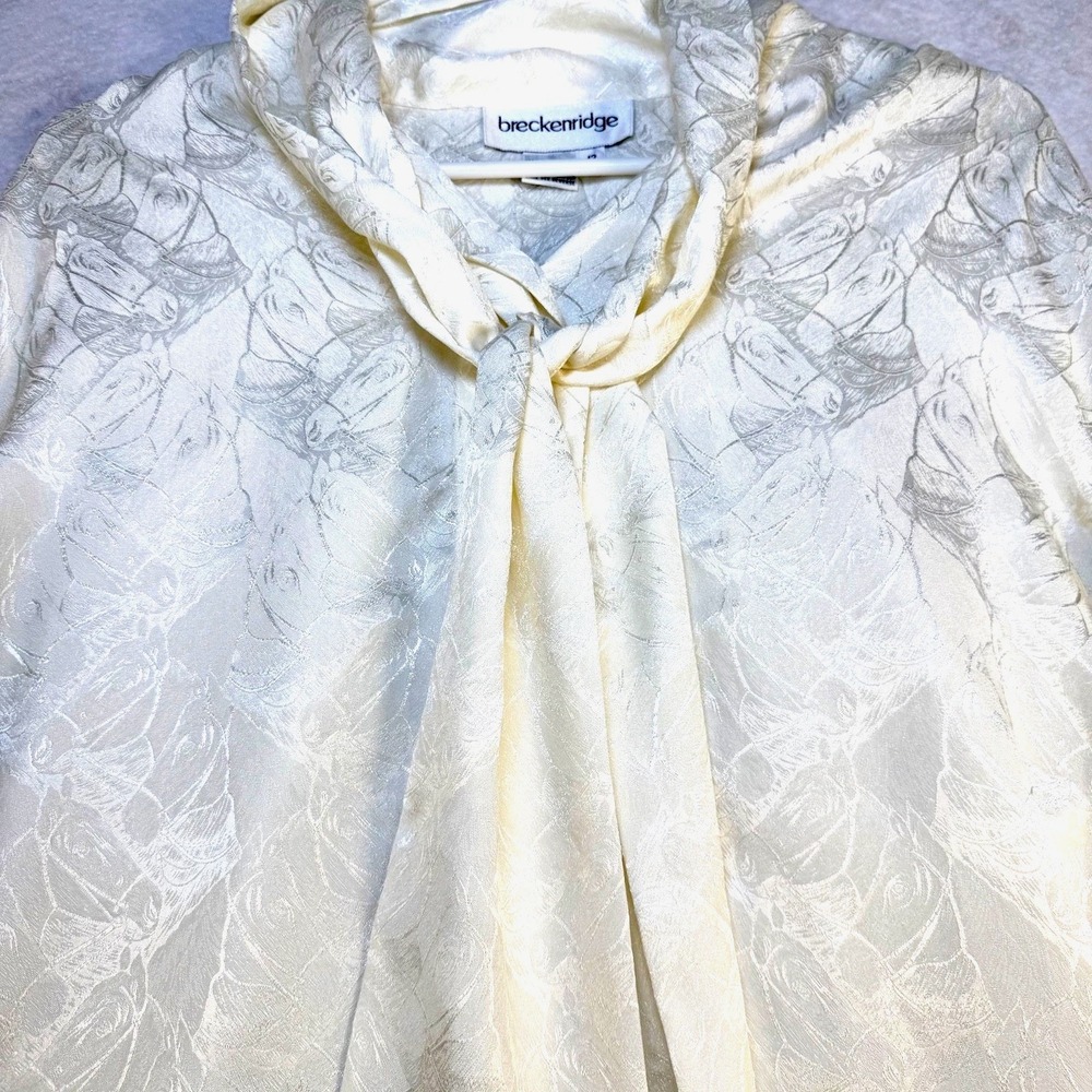 Breckenridge Horse Print Tie Neck Blouse Womens Size 12 Ivory Satin Jacquard Equ - Picture 1 of 9